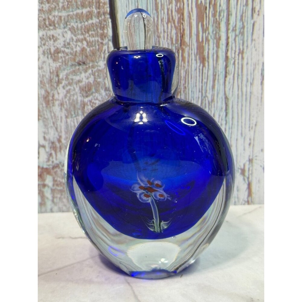 Vintage Cobalt Blue Millefiori Fower Perfume Bottle Art Glass with Stopper Empty - Picture 5 of 13